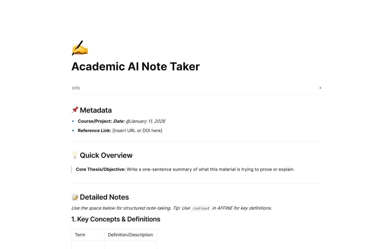 Academic AI Note Taker template displaying structured sections for lecture transcripts, automated summaries, and key concept mapping within AFFiNE