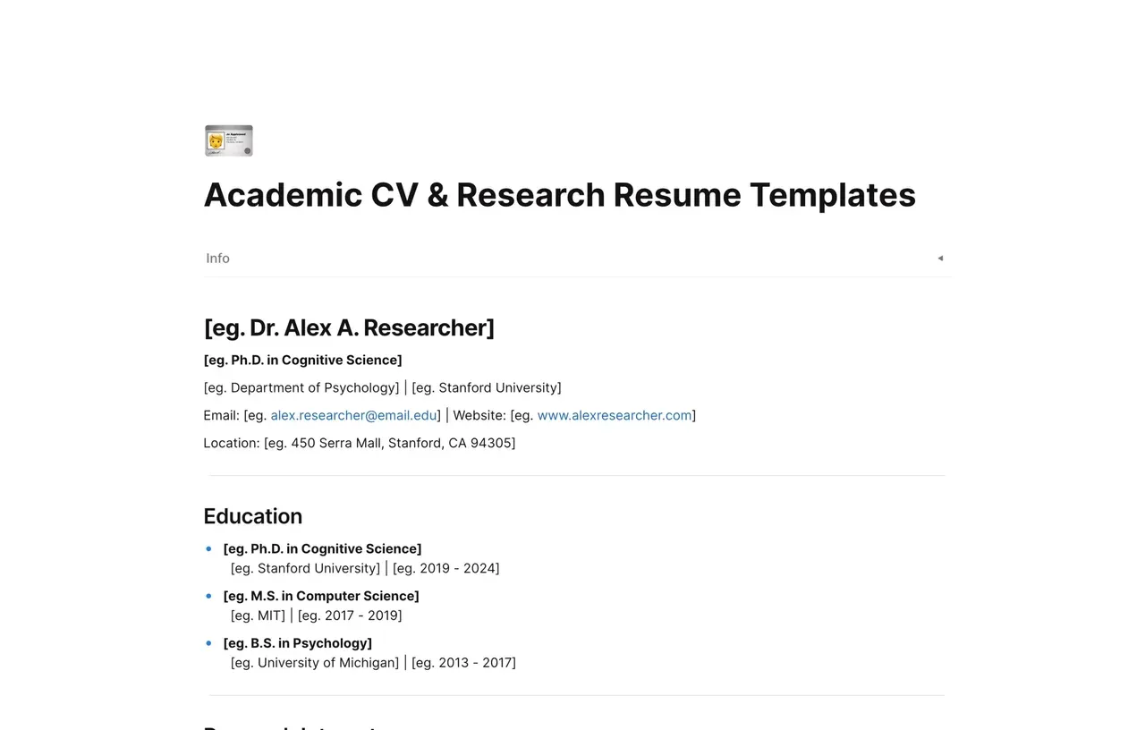 Academic CV template for researchers and PhD students featuring sections for publications, citations, and grant funding in AFFiNE