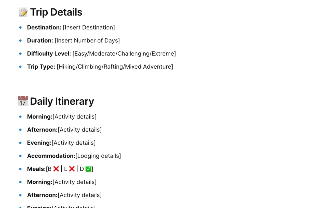 Comprehensive adventure travel itinerary template with customizable sections for daily activities, accommodations, and transportation planning