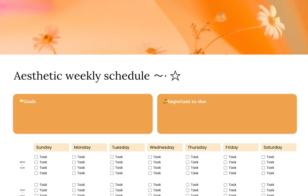 Aesthetic weekly schedule template featuring color-coded time blocks, minimalist design elements, and organized daily sections for efficient time management and productivity