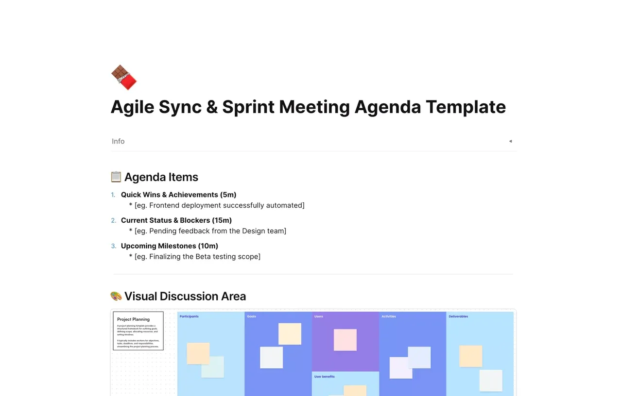 Agile sync and sprint meeting agenda template showing structured sections for daily stand-ups, retrospective points, and action items for agile teams