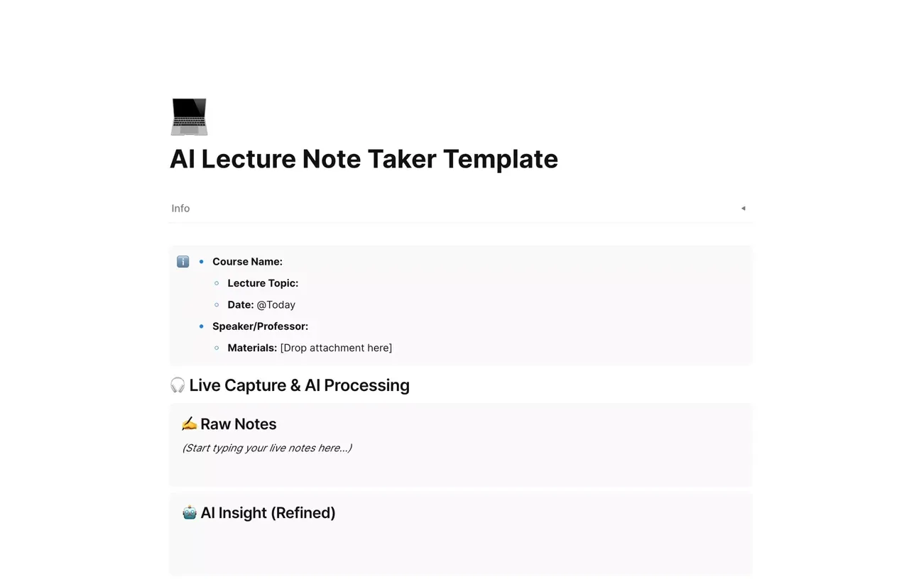 A structured AI lecture note taker template interface showing designated sections for transcriptions, key concepts, and AI-generated summaries