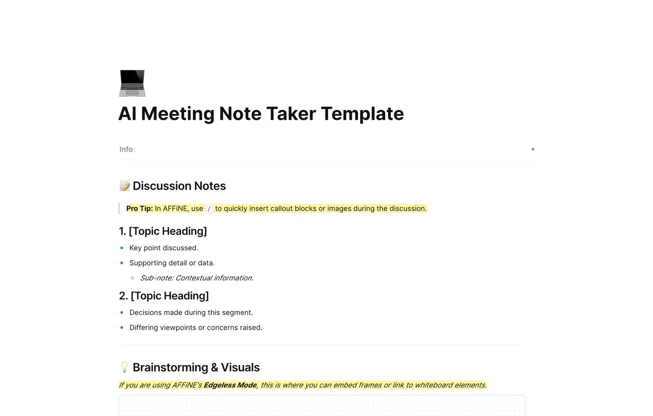 An intelligent AI meeting note taker template displaying automated summaries, agenda tracking, and action item lists in AFFiNE