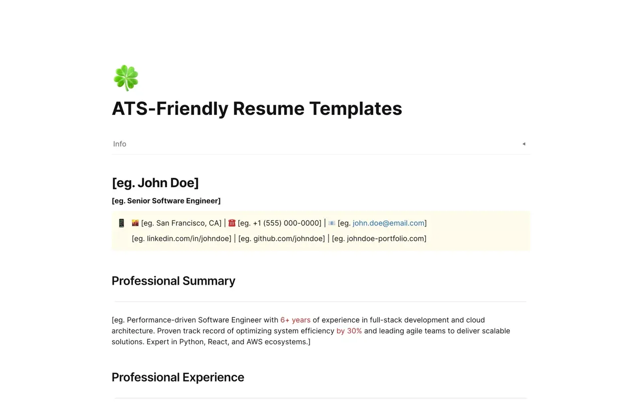 A minimalist, single-column ATS-friendly resume template in AFFiNE featuring clear typography and optimized section headers for better AI parsing.