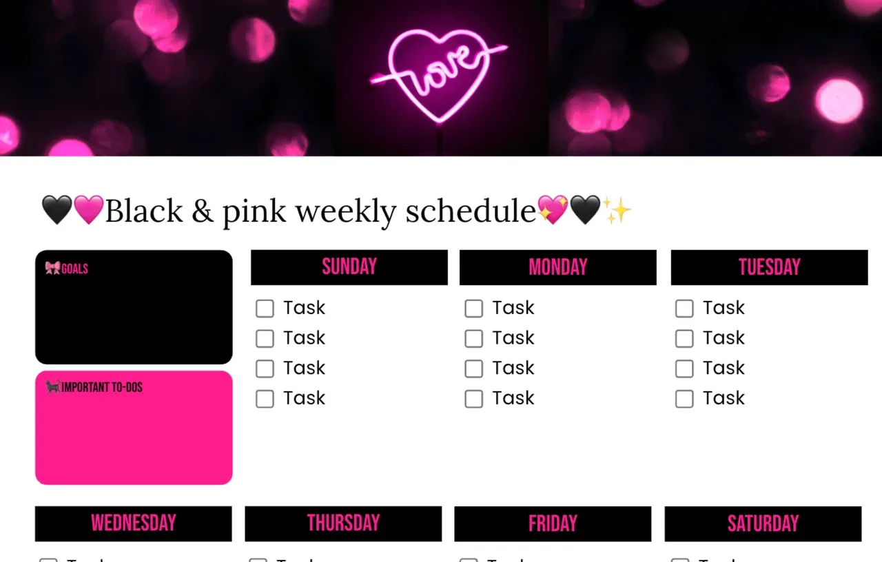 lack and pink weekly schedule template with color-coded time blocks for efficient task management and productivity planning