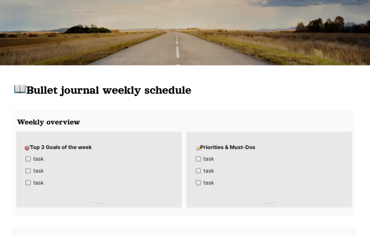 Bullet journal weekly schedule template with organized time blocks, task lists, and habit trackers for effective weekly planning and productivity management