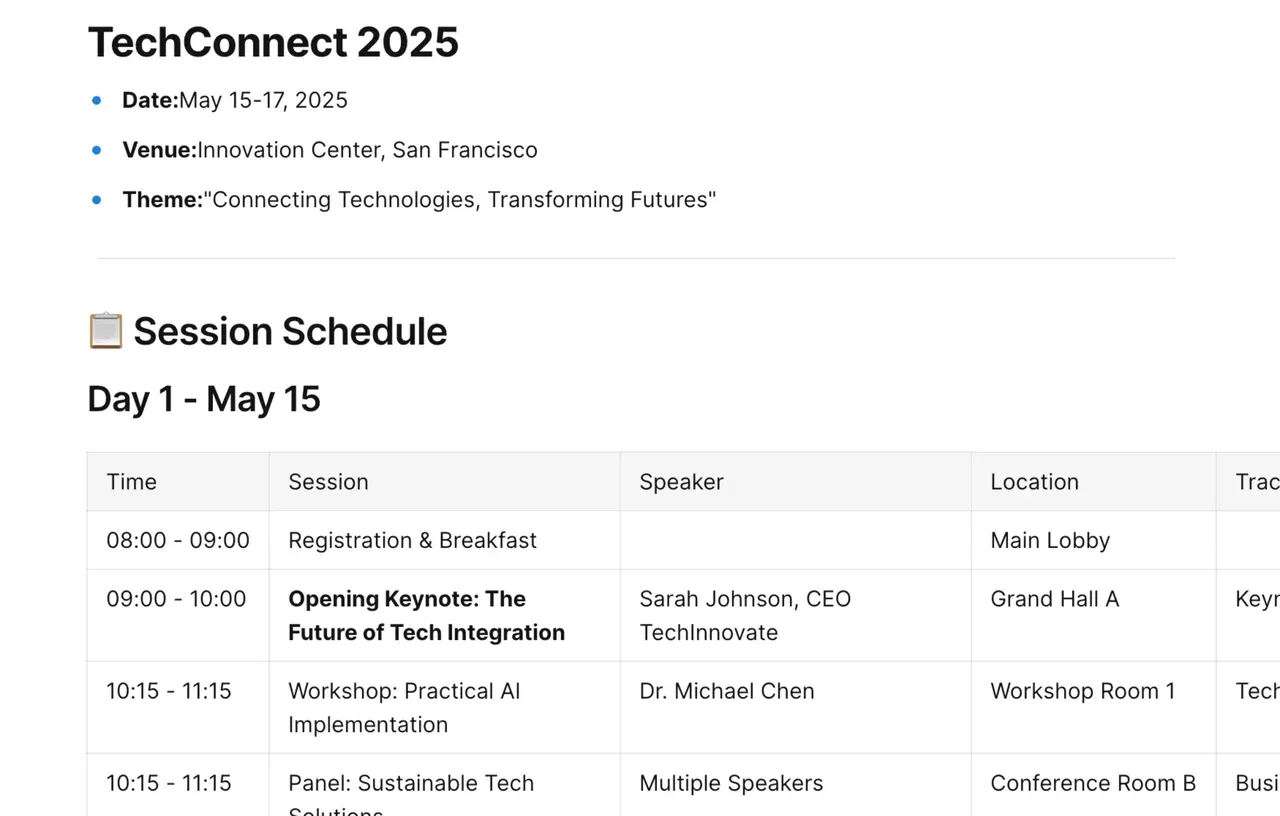 Conference itinerary template showing organized schedule with time slots, session details, speaker information, and networking events for professional conference planning