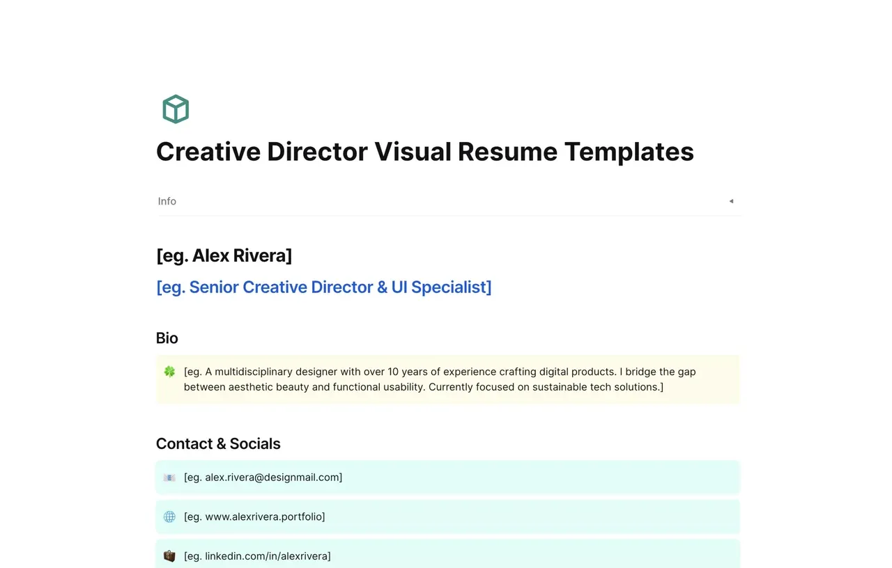 Modern and minimalist Creative Director visual resume layout featuring sections for brand strategy, art direction portfolio, and leadership achievements.