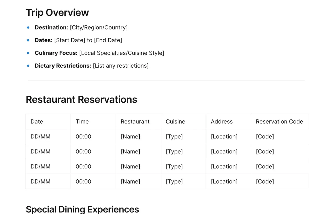 AFFiNE culinary tour itinerary template showing organized daily schedule with restaurant bookings, tasting events, and food market visits for gastronomic travel planning