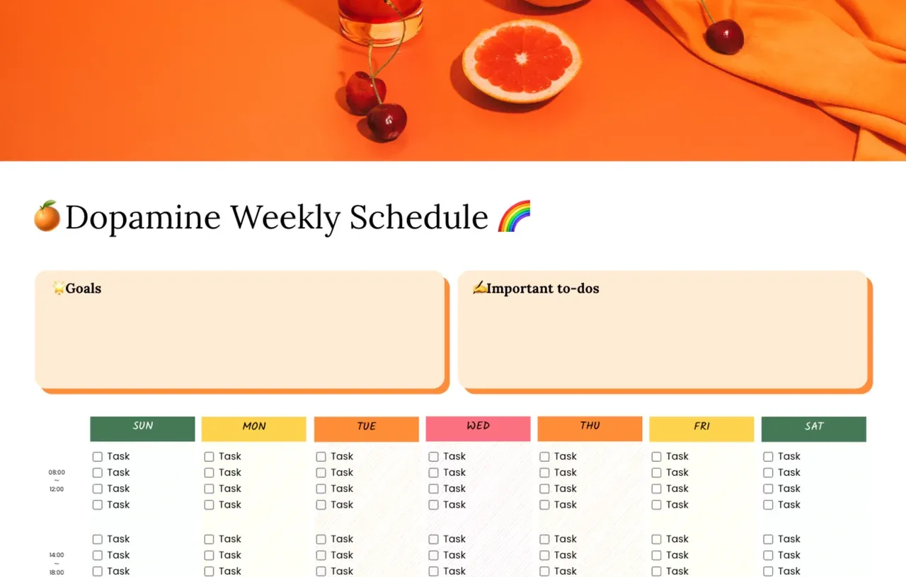 Vibrant dopamine aesthetic weekly schedule template featuring colorful time blocks, motivational elements, and visual cues to enhance productivity and stimulate positive brain chemistry while organizing your week.