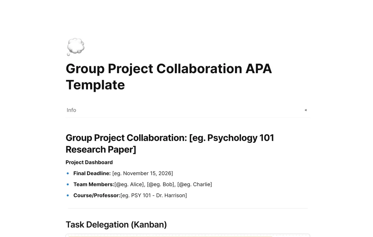AFFiNE APA 7th edition group project template showing title page structure, collaborative research blocks, and bibliography management.