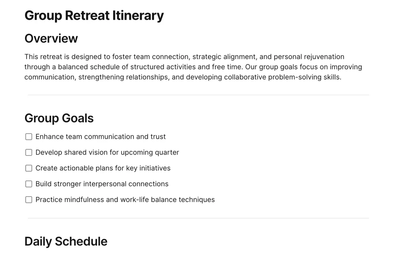 Professionally designed group retreat itinerary template with organized daily schedules, activity blocks, and flexible planning sections for creating cohesive team experiences