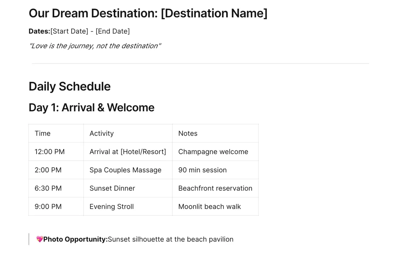 Customizable honeymoon itinerary template with sections for daily activities, romantic experiences, dining options, and travel logistics