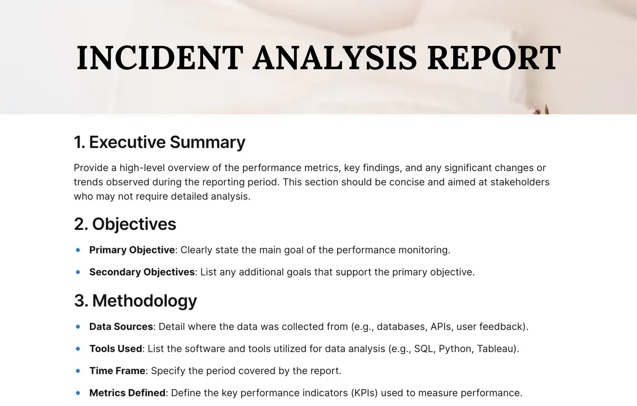 Comprehensive Incident Analysis Report template with sections for incident details, root cause analysis, and corrective action planning for workplace safety improvement