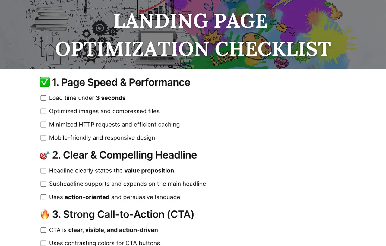 Landing page optimization checklist template with conversion rate improvement sections and website performance metrics tracking