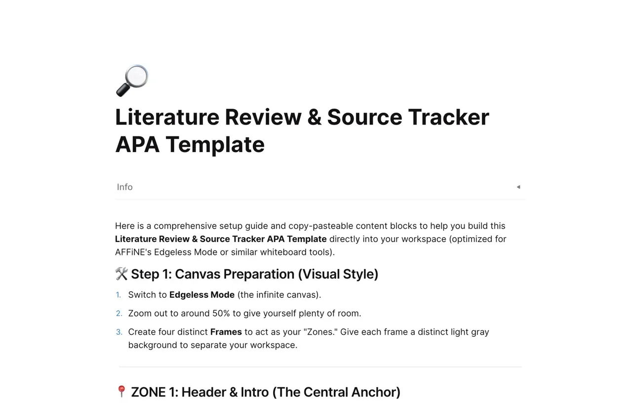 A professional APA-style literature review database in AFFiNE featuring source tracking, citation management, and research synthesis columns.