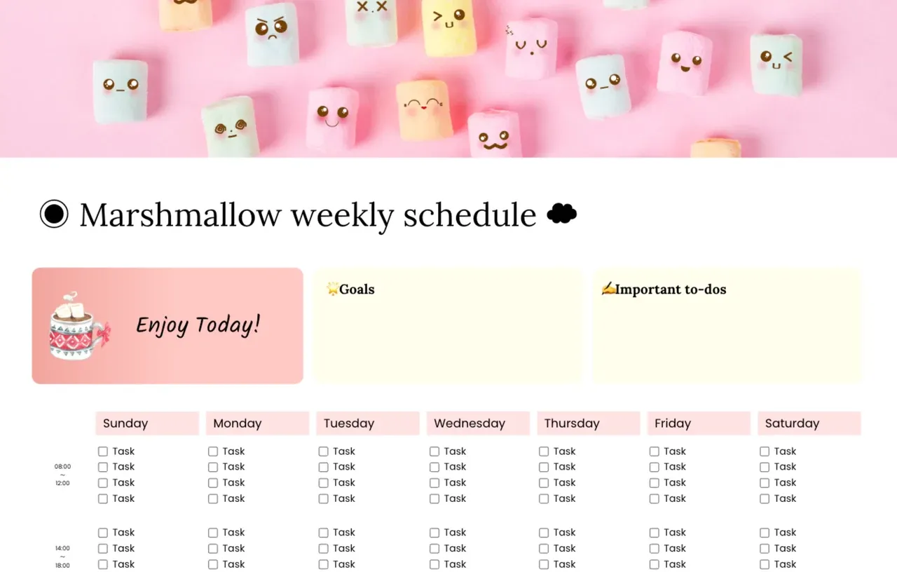 Marshmallow weekly schedule template featuring color-coded time blocks for efficient weekly planning and productivity management