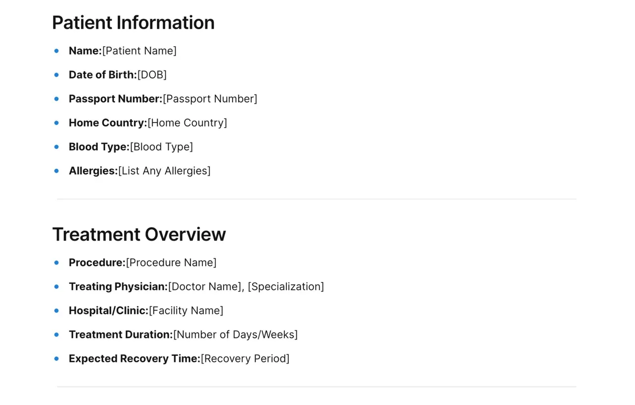 Medical Tourism Itinerary Template featuring organized sections for medical appointments, recovery periods, accommodation details, and local attractions for international healthcare travelers