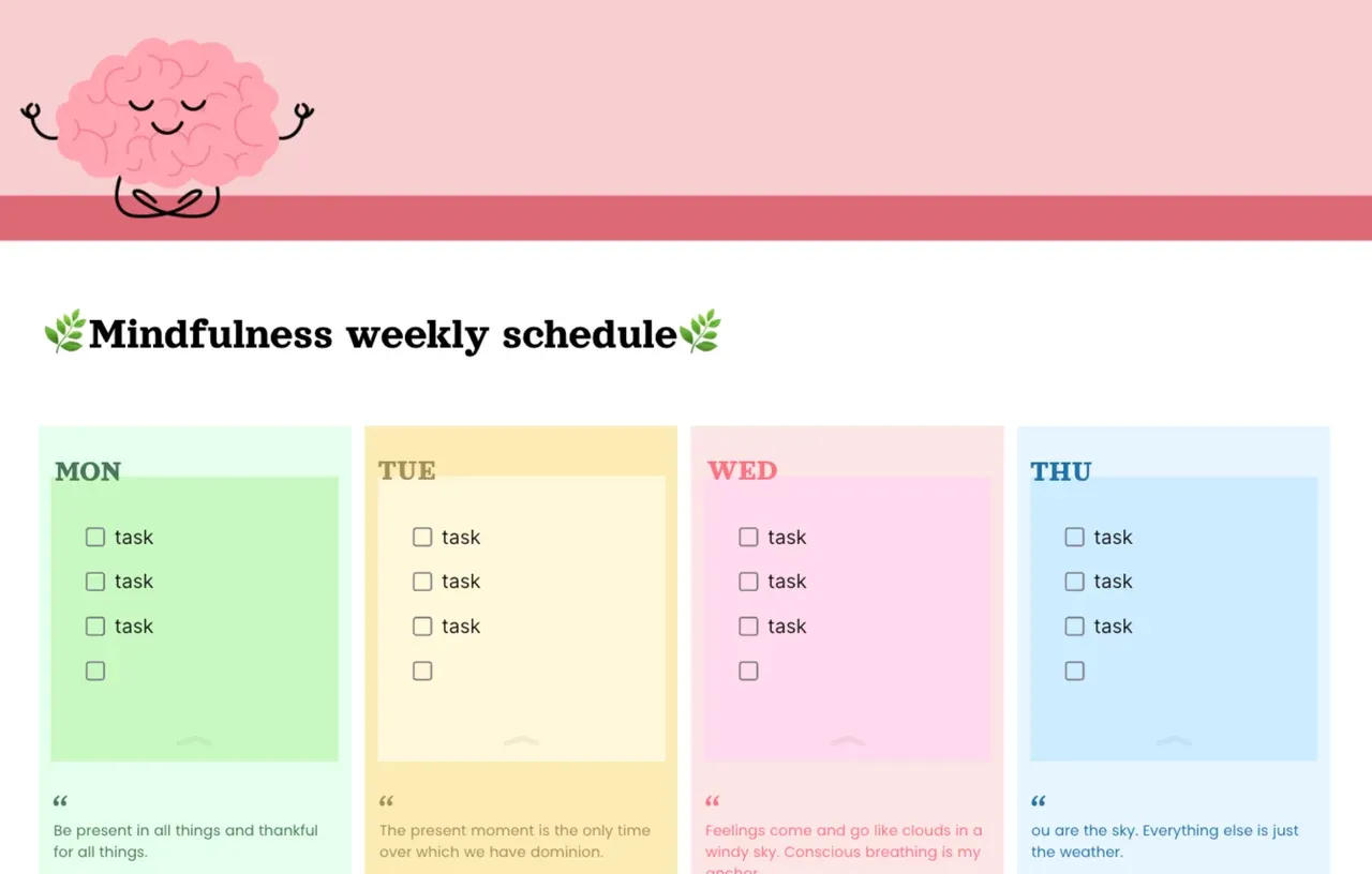 Mindfulness weekly schedule template with color-coded time blocks for meditation, breathwork exercises, and self-care activities organized in a clean, calming layout