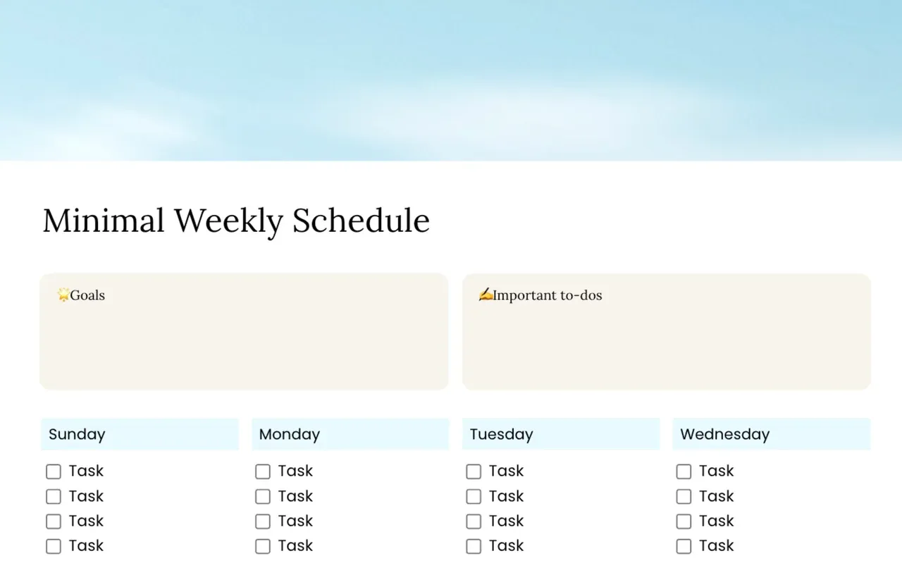 Minimal weekly schedule template with clean layout for efficient time management and improved productivity