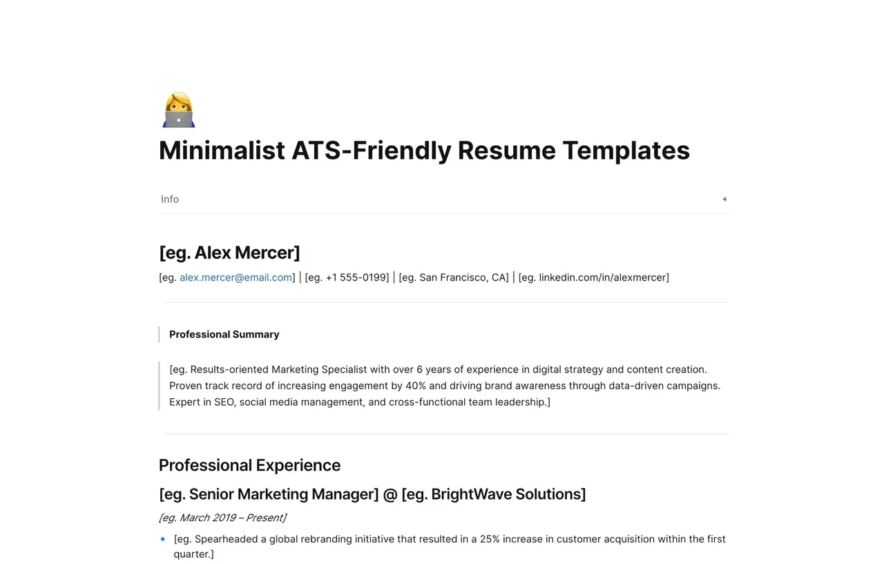 A high-contrast, single-column minimalist resume template in AFFiNE featuring clear typography, standard section headers, and optimized spacing for ATS parsing.