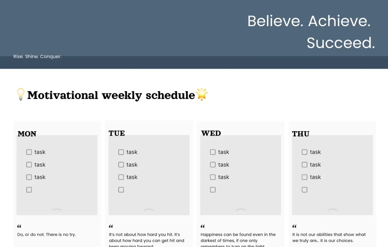 Motivational weekly schedule template with color-coded time blocks, inspirational quotes, and goal tracking sections for enhanced productivity and personal development