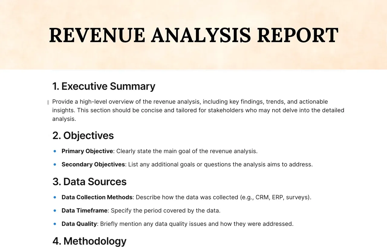 Revenue analysis report template featuring financial data visualization dashboard with color-coded sales performance metrics, trend charts, and profit analysis sections