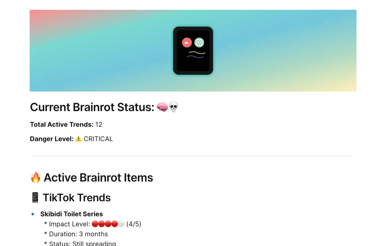 A digital vision board with categories and space for tracking social media brainrot content.