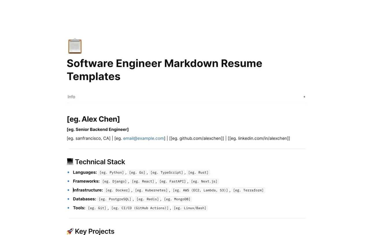 Minimalist and ATS-optimized Markdown resume template for developers featuring clean syntax, project sections, and technical skill matrices.