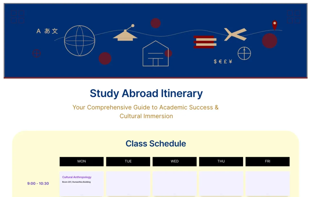 Customizable study abroad itinerary template showing organized sections for travel plans, academic schedule, and cultural activities for international students planning their educational journey abroad