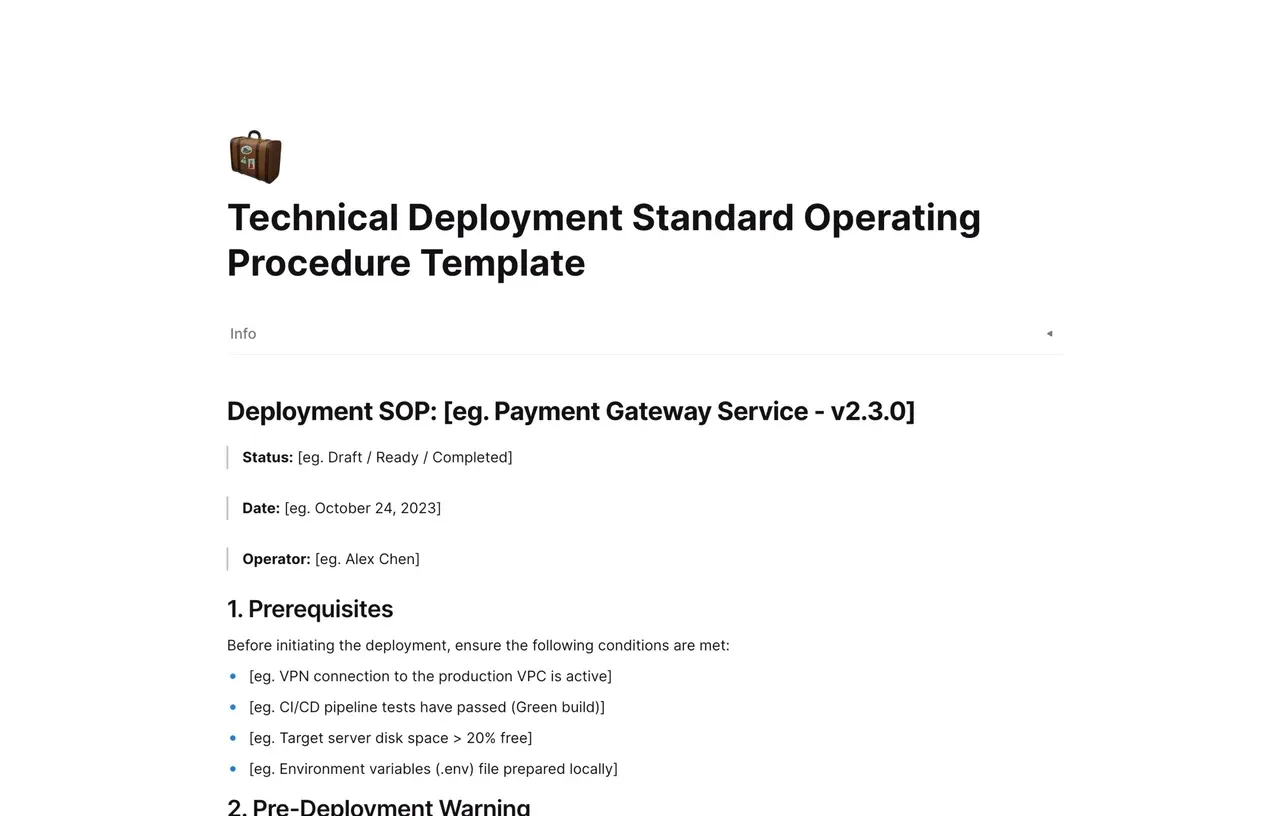 Technical deployment standard operating procedure template featuring CI/CD pipeline steps, rollback checklists, and deployment logs