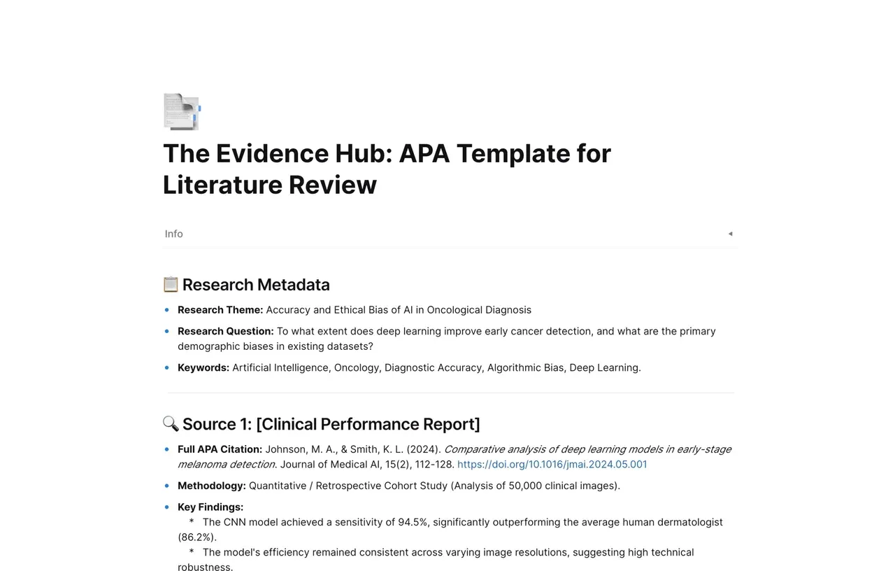 APA literature review template layout showing citation tables, synthesis matrices, and formatted sections for academic writing in AFFiNE