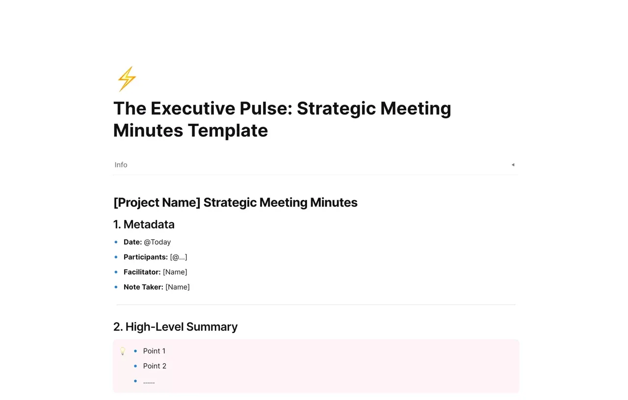 A structured strategic meeting minutes template featuring sections for executive summaries, key decisions, and action item tracking
