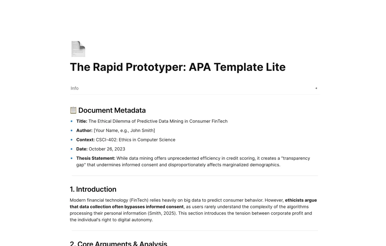 A clean academic writing workspace layout showing APA headers, citation placeholders, and structured sections for rapid document prototyping
