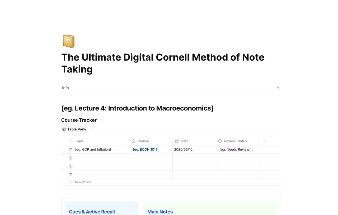 A professional digital Cornell Note-taking dashboard in AFFiNE featuring clear columns for cues, detailed notes, and a bottom summary section.