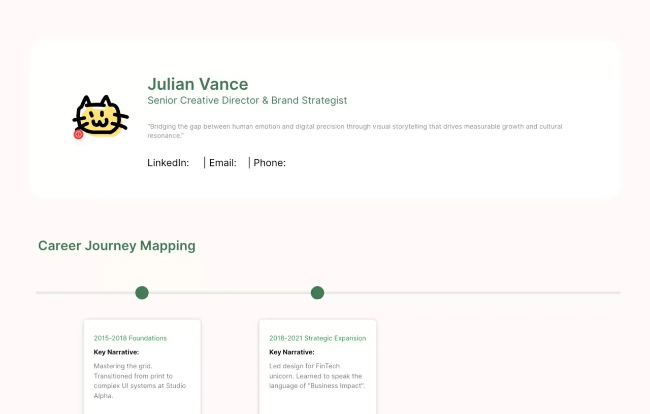 A sophisticated visual resume template featuring distinct storytelling sections, creative infographic elements, and professional typography designed within the AFFiNE multimodal workspace.