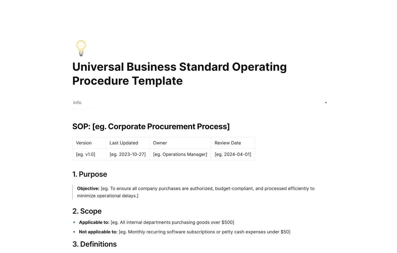 A professional Universal Business Standard Operating Procedure template showcasing step-by-step workflow documentation and team collaboration tools