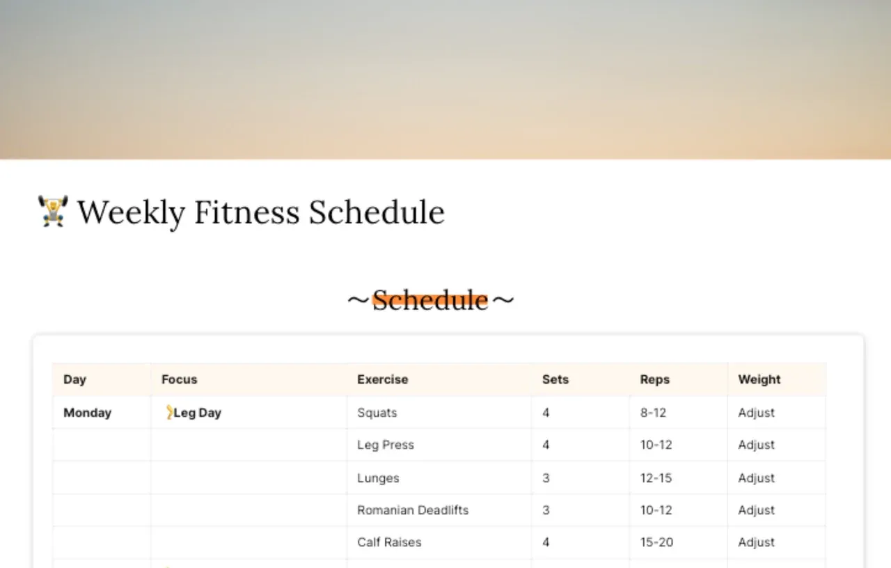Weekly fitness schedule template displaying organized workout planner with exercise routines, rest days, and fitness goal tracking sections for a comprehensive health and wellness plan