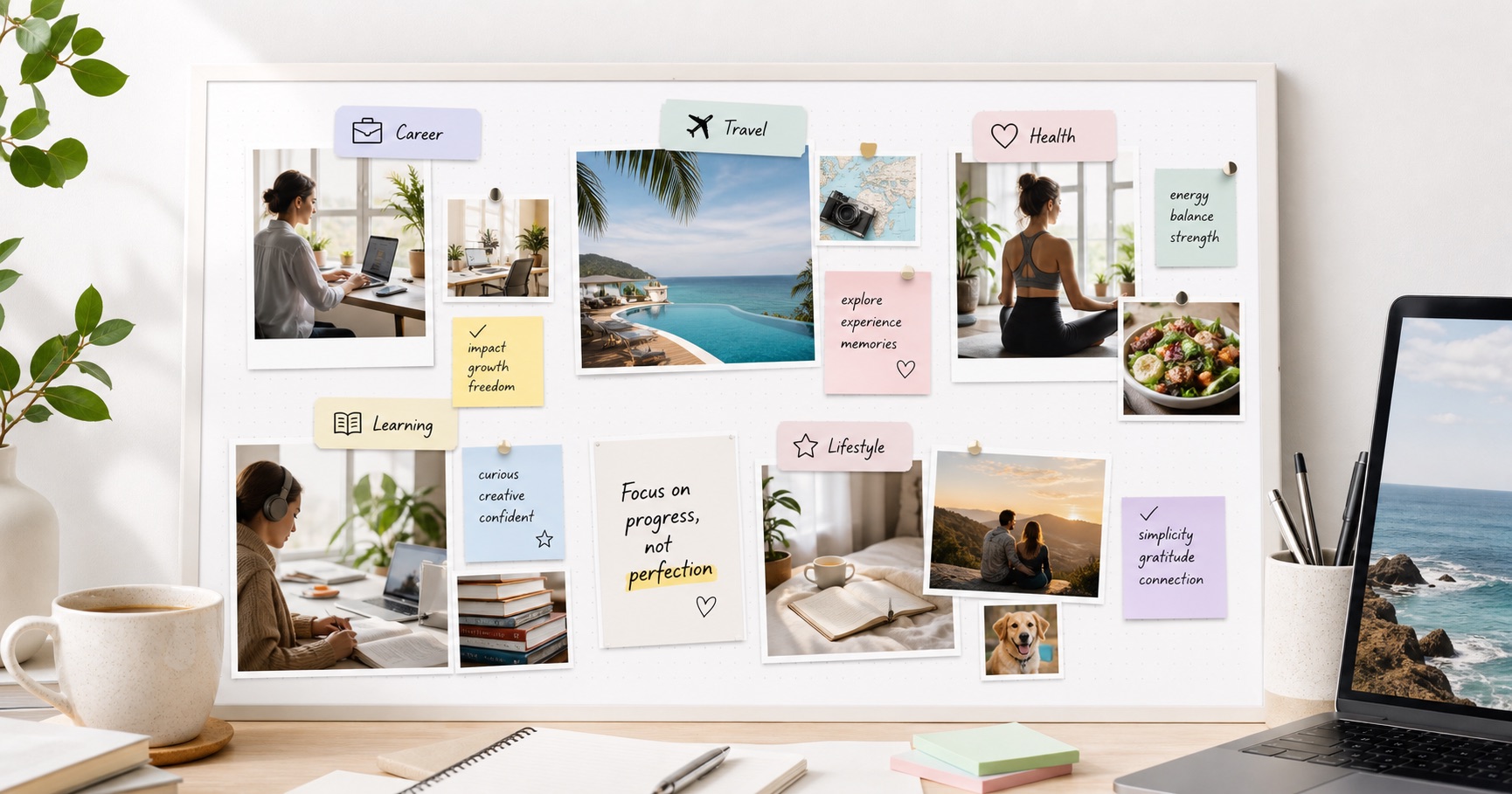 Digital vision board organized by career, travel, health, learning, and lifestyle goals