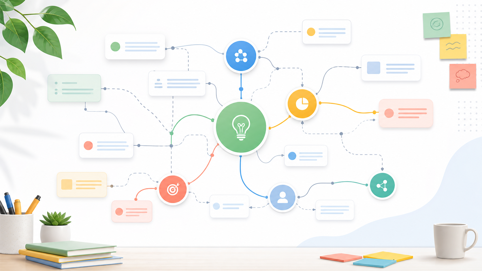 Concept map illustration with connected idea nodes on a whiteboard-style workspace