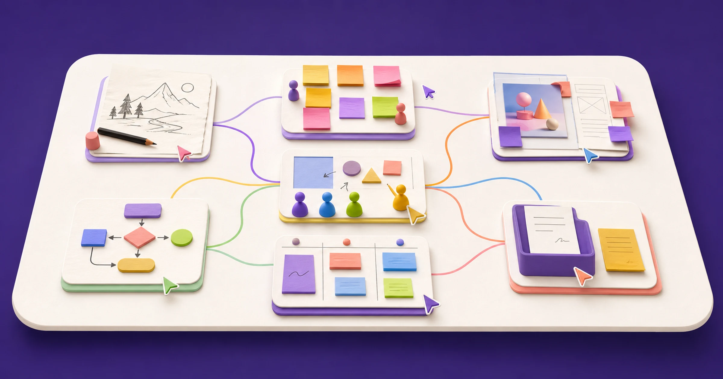 Sieben verbundene Arbeitsbereiche auf einem digitalen Whiteboard als Vergleich kostenloser Online-Whiteboard-Tools