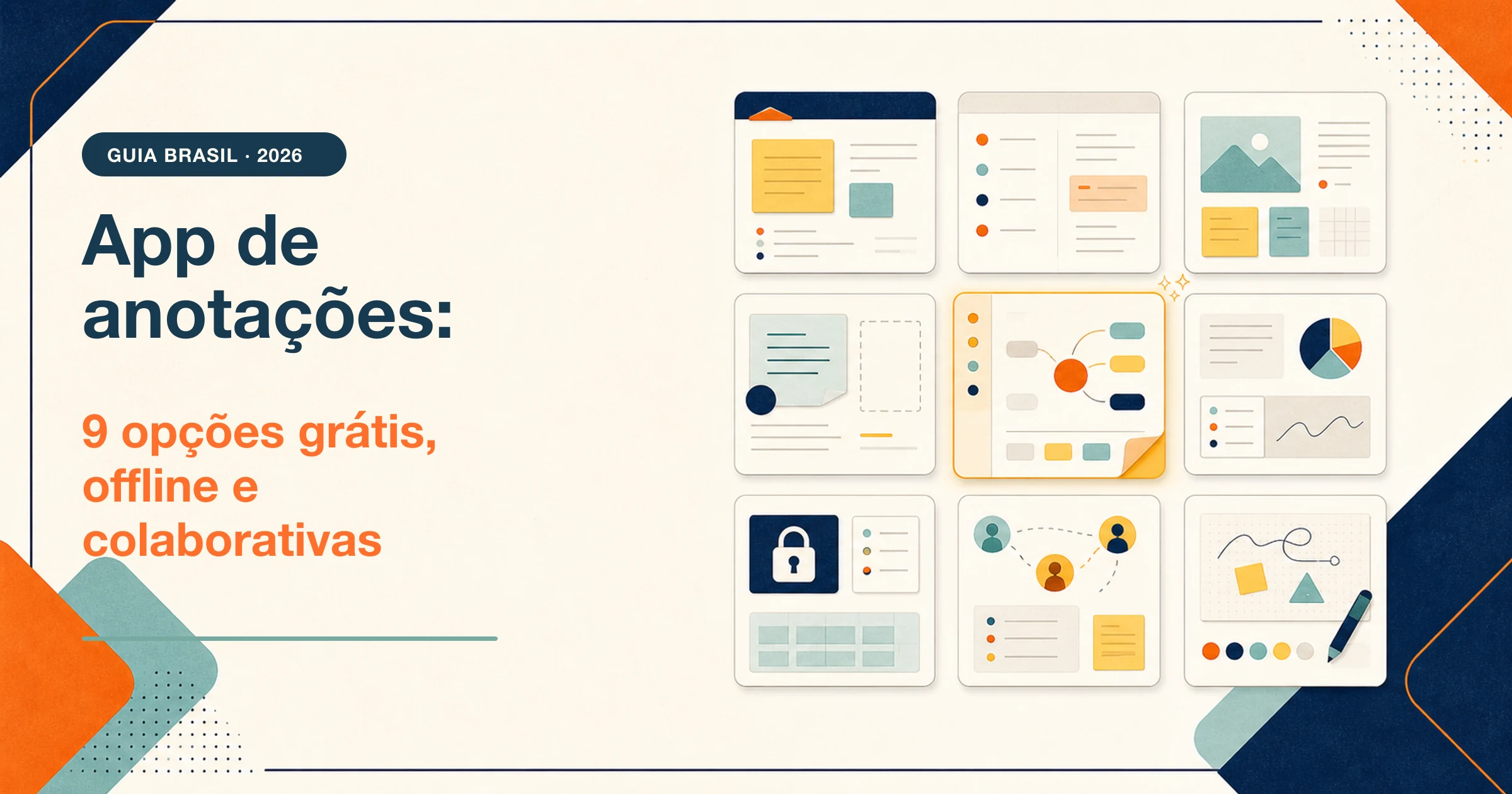 Nove cartões de apps de anotações comparados por captura, estudo, colaboração, privacidade e notas visuais
