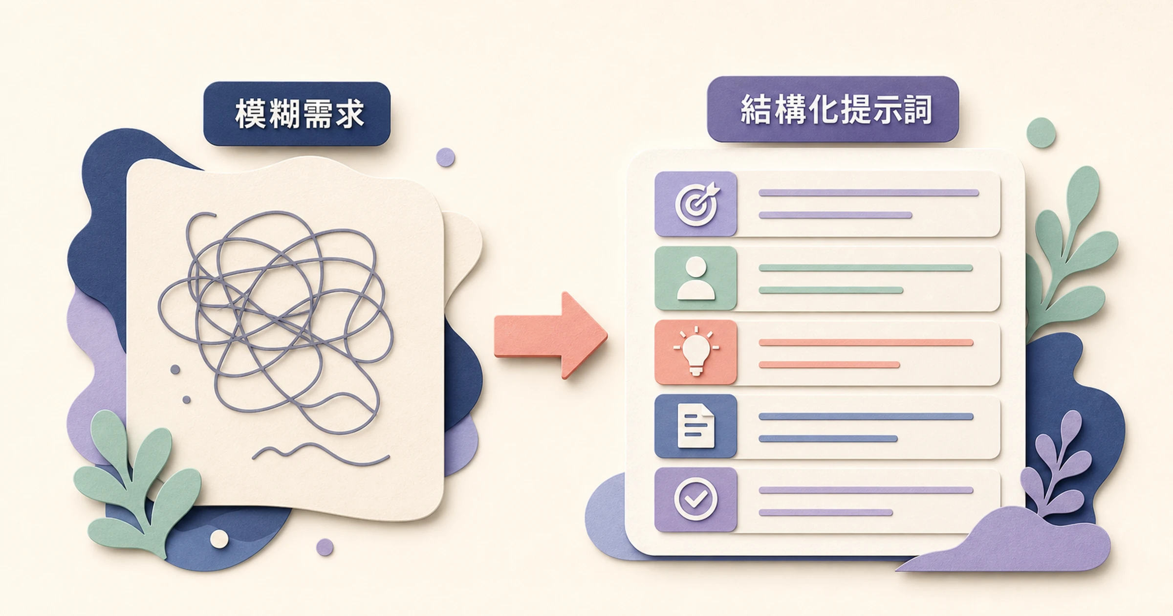 模糊需求轉成包含角色、任務、背景、限制與輸出格式的結構化提示詞