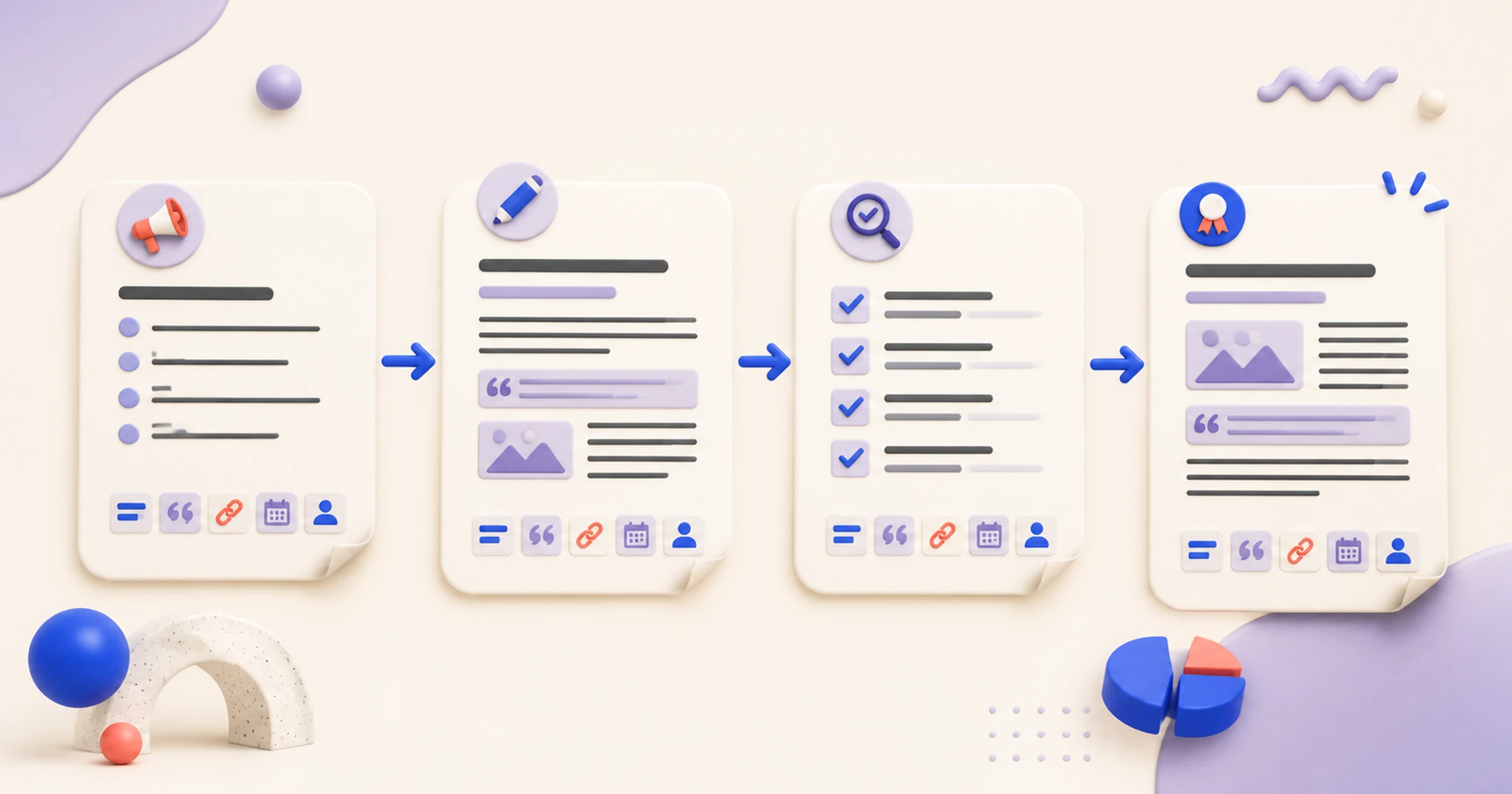 Four connected document cards showing an announcement brief becoming a drafted, fact-checked, and finalized press release