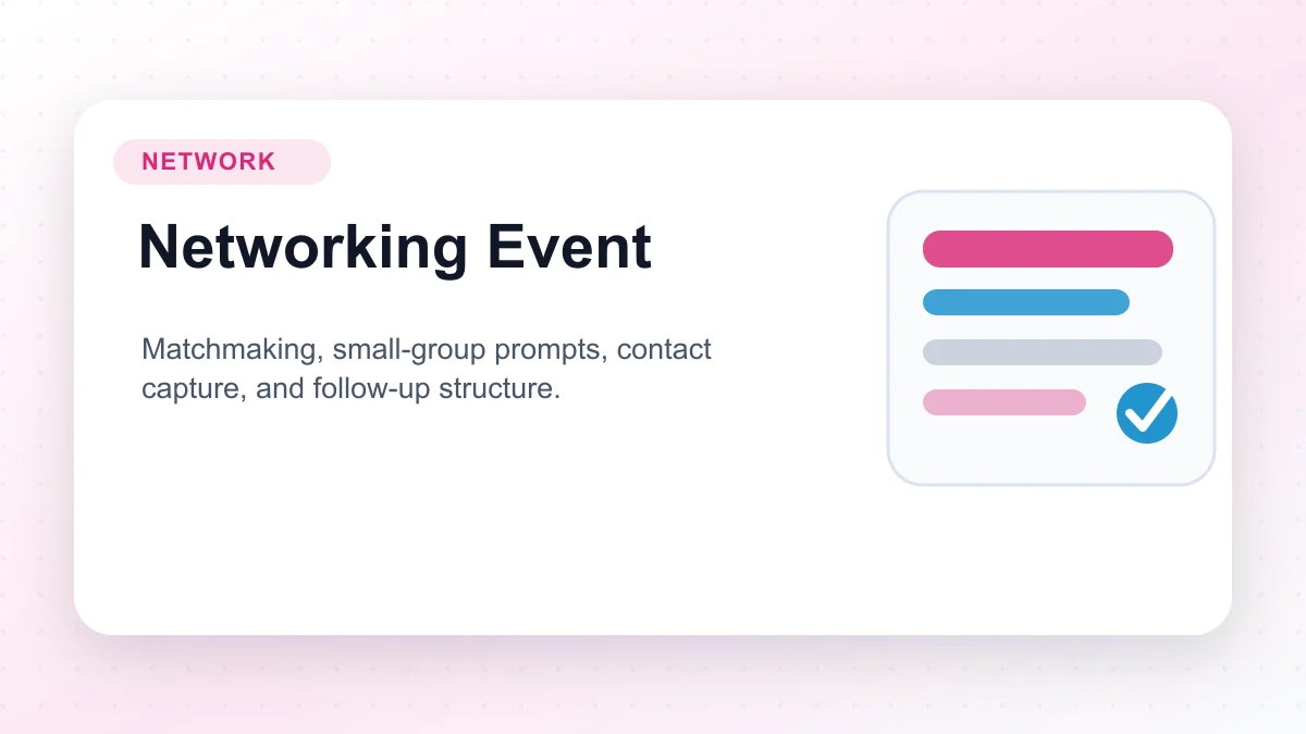 Networking event flow with matchmaking, prompts, contact capture, and follow-up structure
