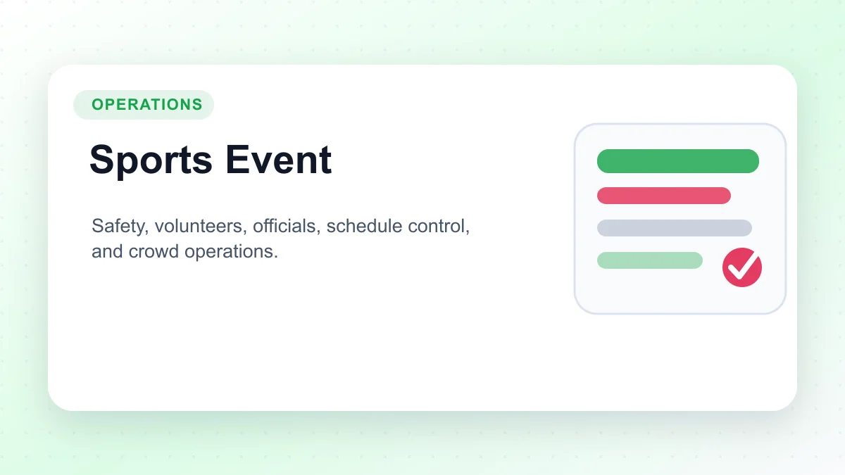 Sports event operations plan showing safety, volunteers, officials, and schedule control