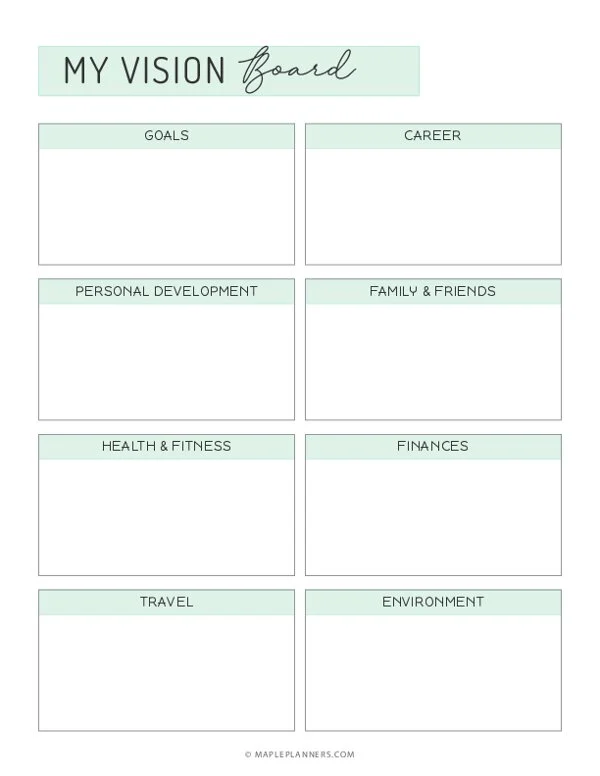 Phone mockup showing a colorful vision board template with photo tiles and goal sections