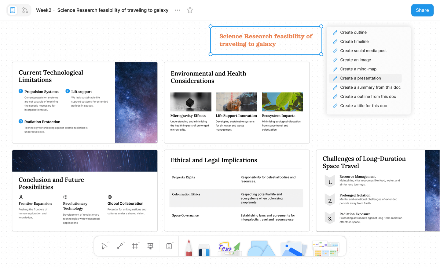 AFFiNE AI presentation workspace showing research cards and an AI menu for creating outlines timelines images and presentations