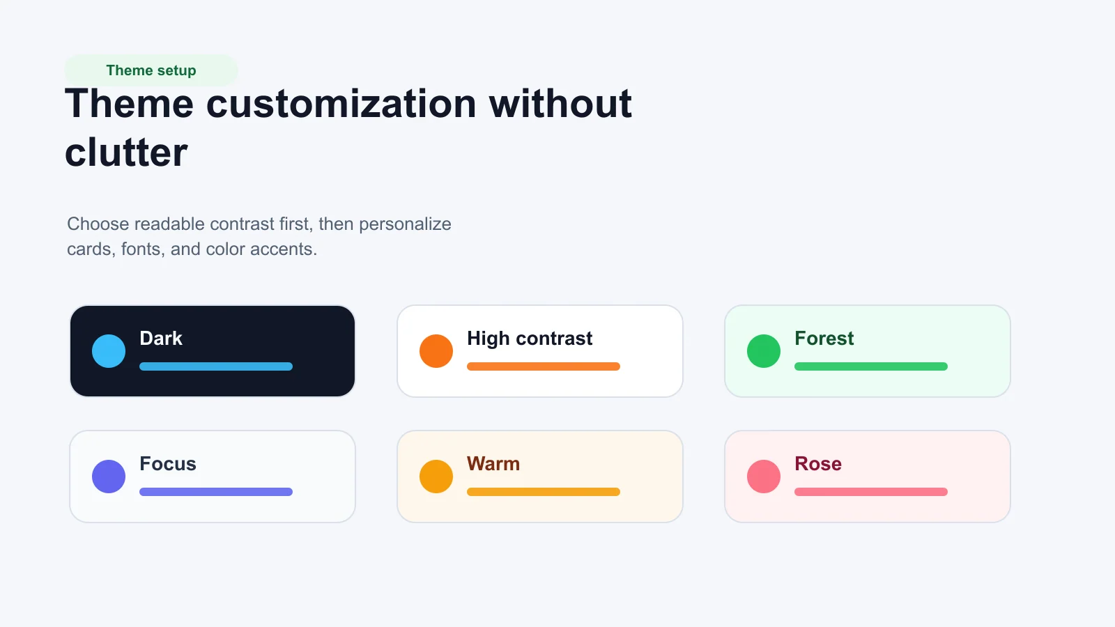 Grid of Better Canvas theme customization examples with dark, high contrast, forest, focus, warm, and rose palettes