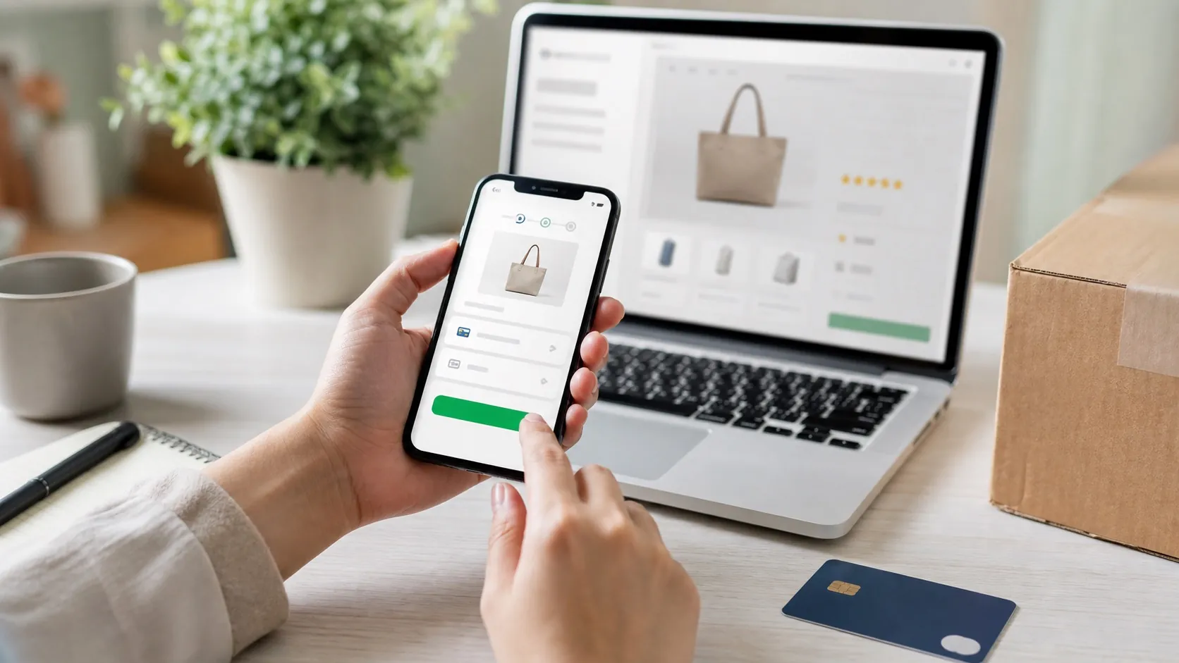 Shopper completing a mobile checkout beside a laptop storefront, payment card, and shipping box
